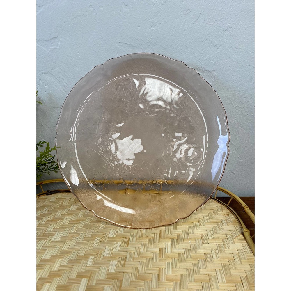 Pink Tray Platter Glass Textured Rose Flower Floral Vintage 12.5” Plate